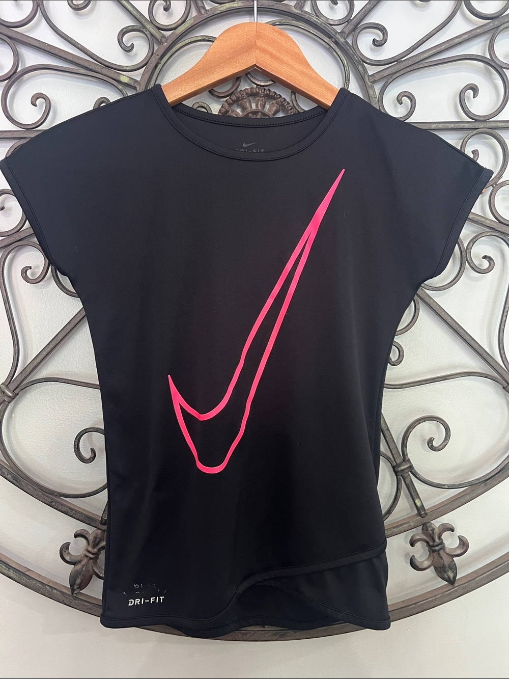 Nike Black Short Sleeve Tee with Neon Pink glitter Swoosh